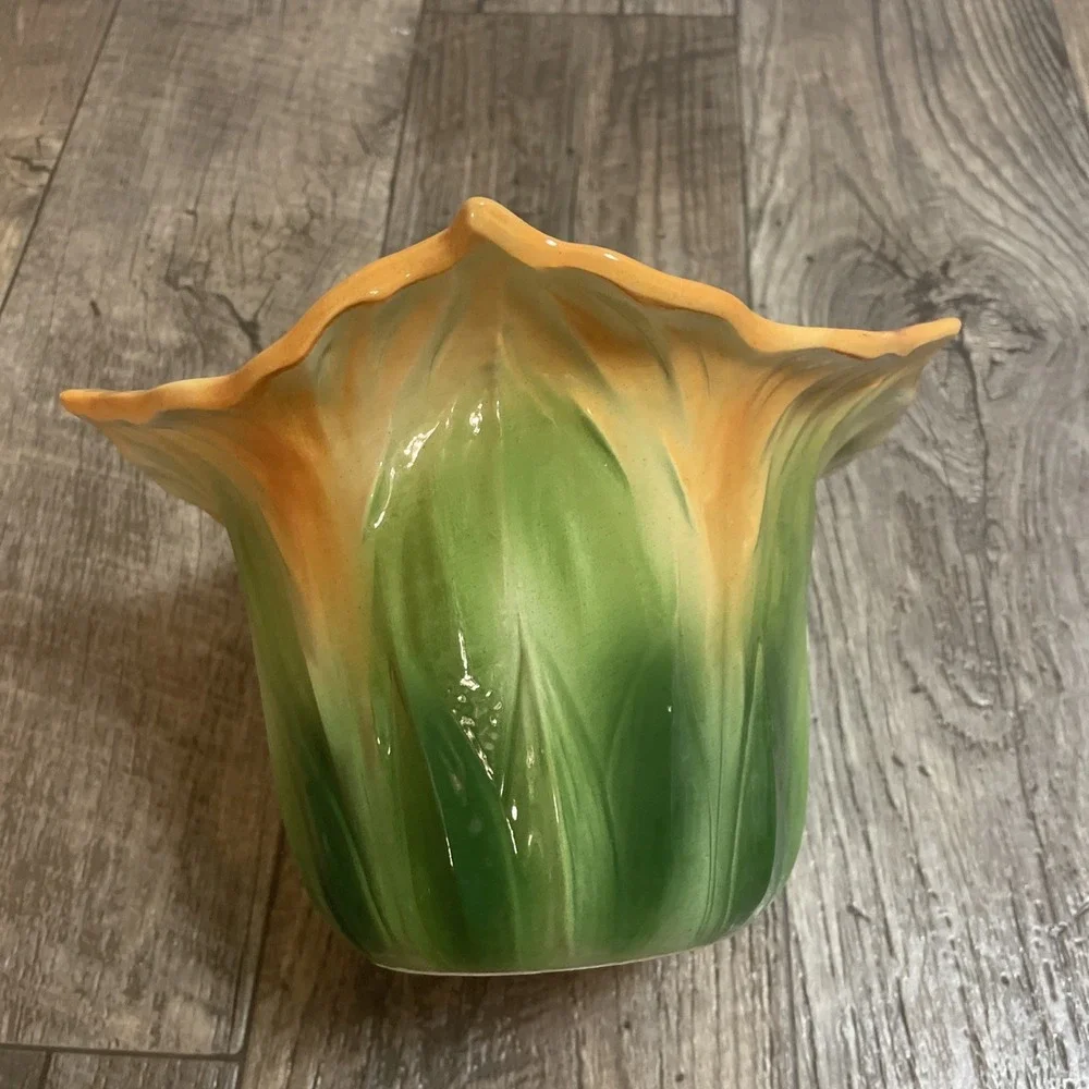 VTG Squash Gourd Flower Vase Bowl Planter Orange & Green Ceramic Italy‎